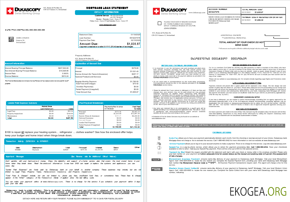 Suisse Relevé de prêt hypothécaire bancaire Dukascopy aux formats Word et PDF, 8 pages 1, 2
